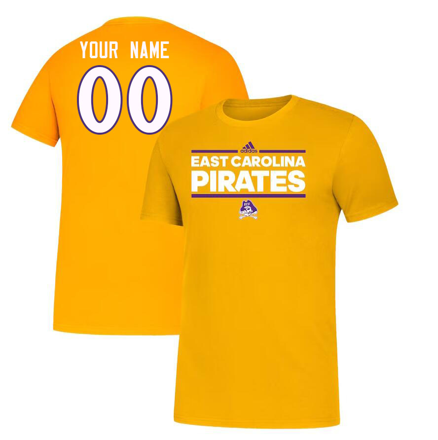 Custom ECU Pirates Name And Number College Tshirt-Gold - Click Image to Close